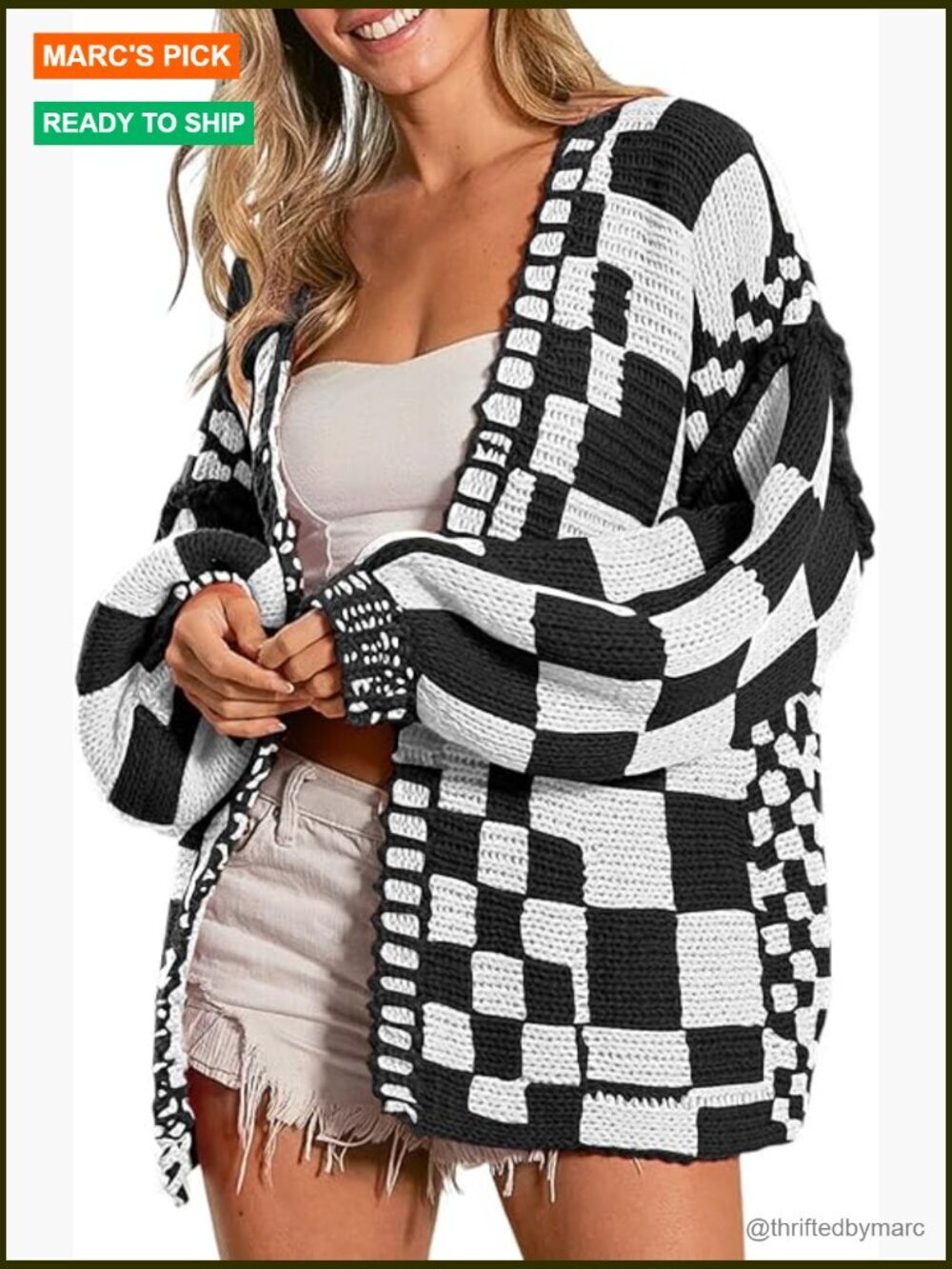 Chunky Knit Plaid Open Front Cardigan Sweater Long Sleeve